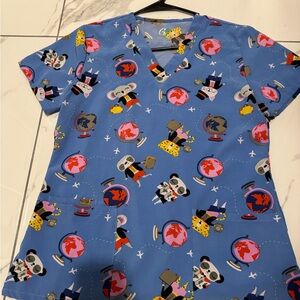 Blue Cartoon Print Women's Scrub Top